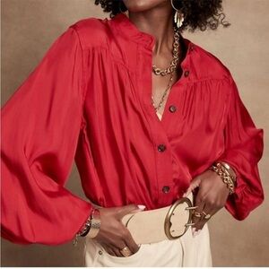 NWT Banana Republic satin button front gathered bishop sleeve top blouse XL